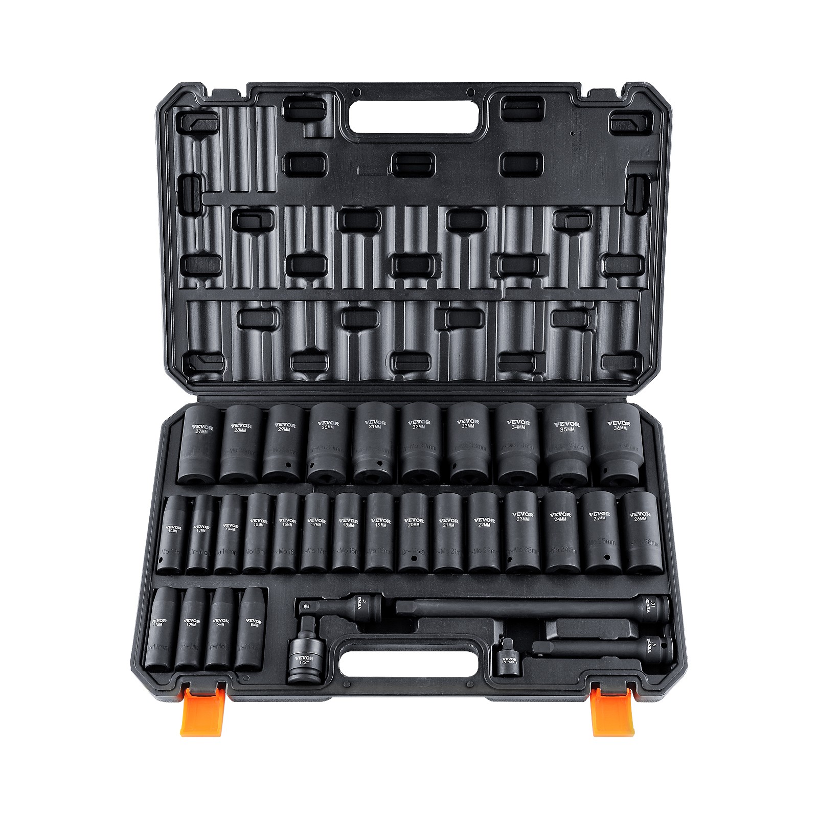 VEVOR Impact Sockets Set 34pcs 6-Point 1/2in Drive Bit Ratchet Tool Kit Case