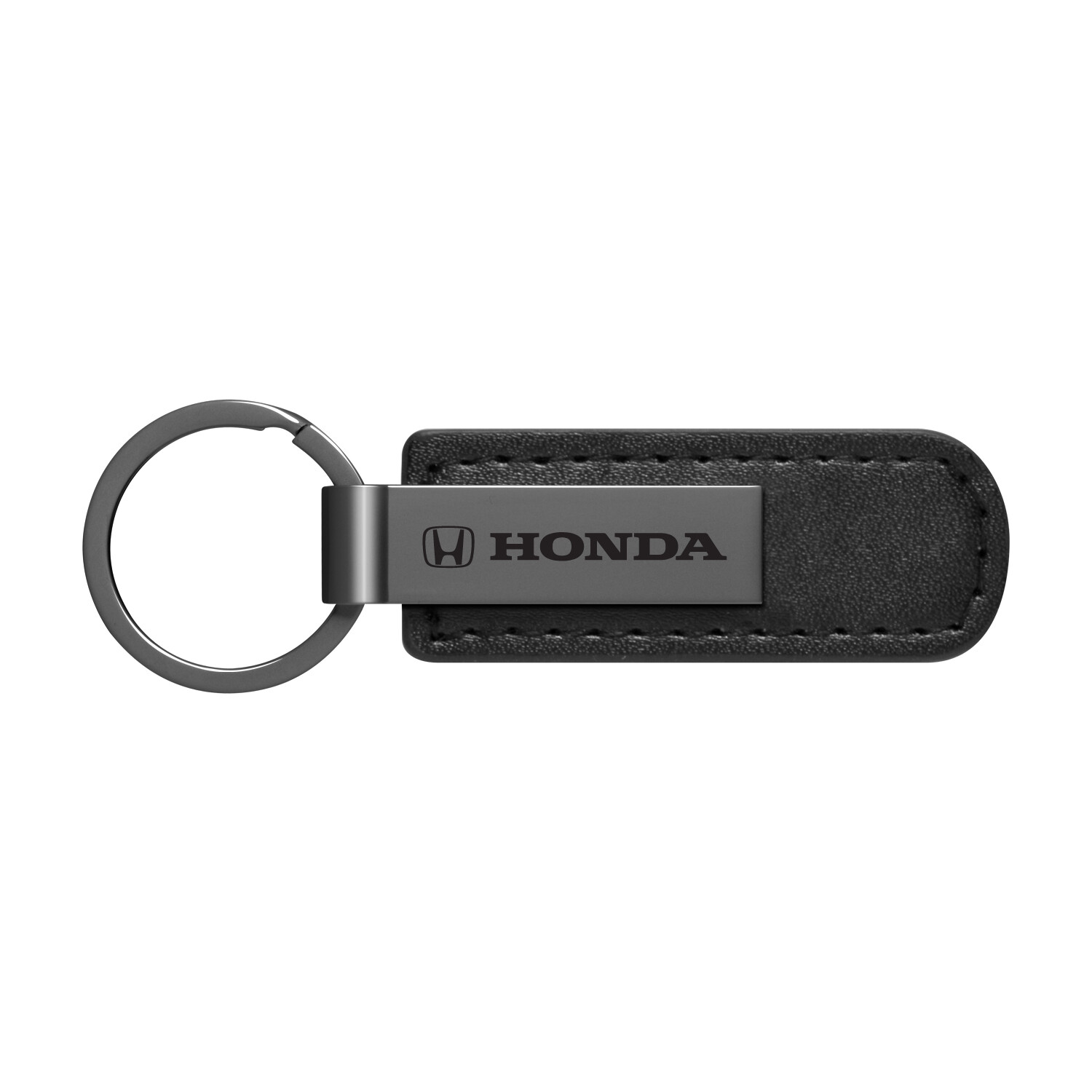 Honda Logo Gunmetal Gray Metal Plate Black Leather Strap Key Chain