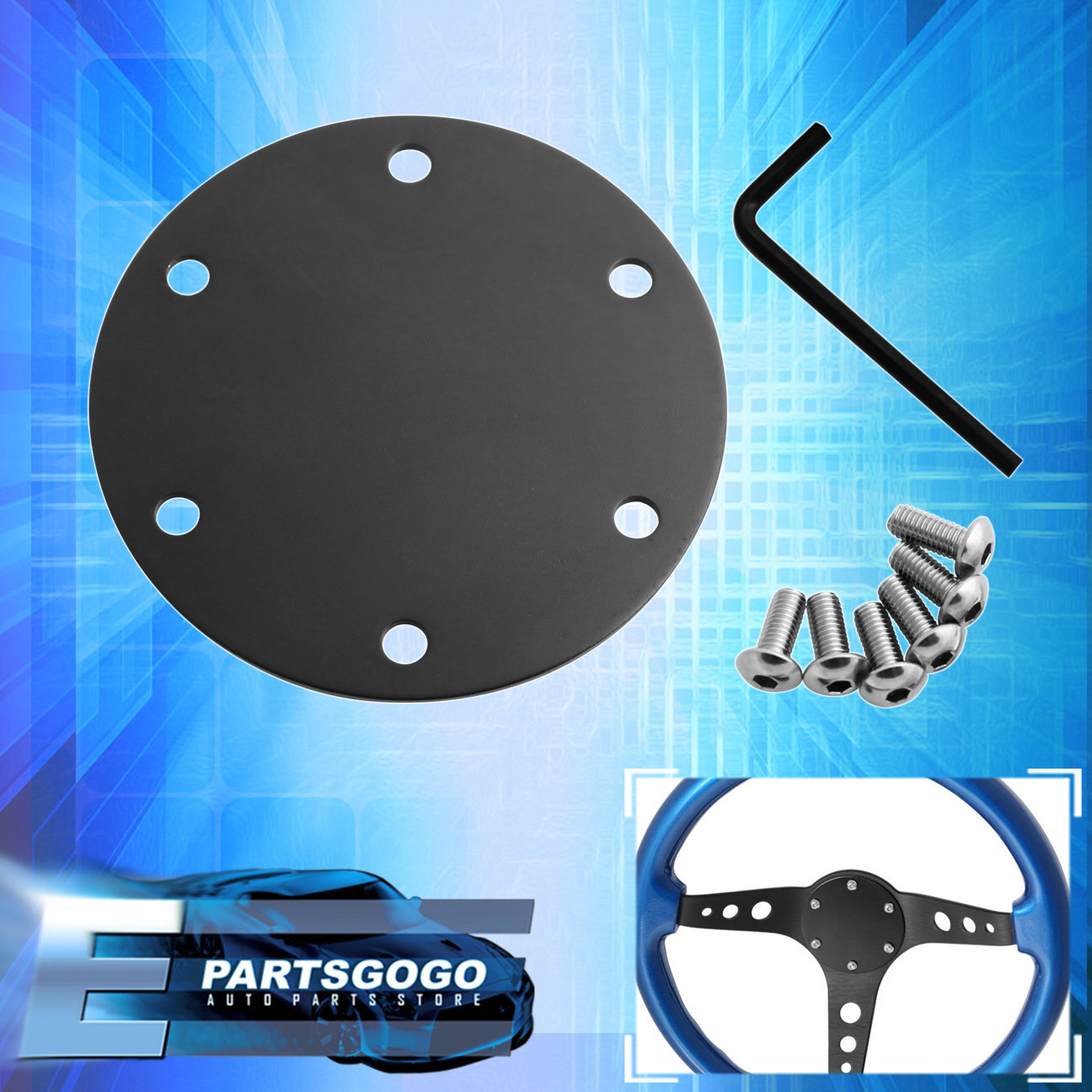 For Universal 6 Bolt Hole Steering Wheel Blank Horn Delete Plate Black + Screws