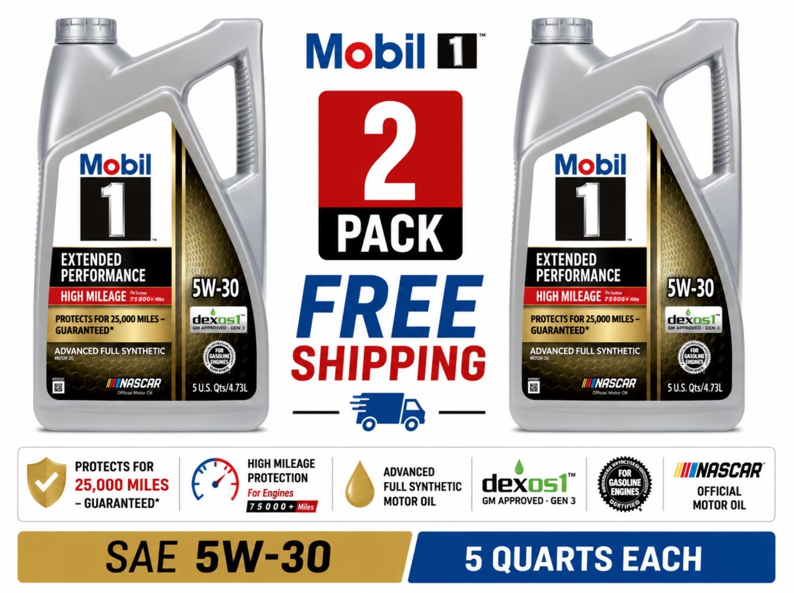 2 Pack Mobil 1 Extended Performance Full Synthetic 5W-30 Motor Oil 5 Quart