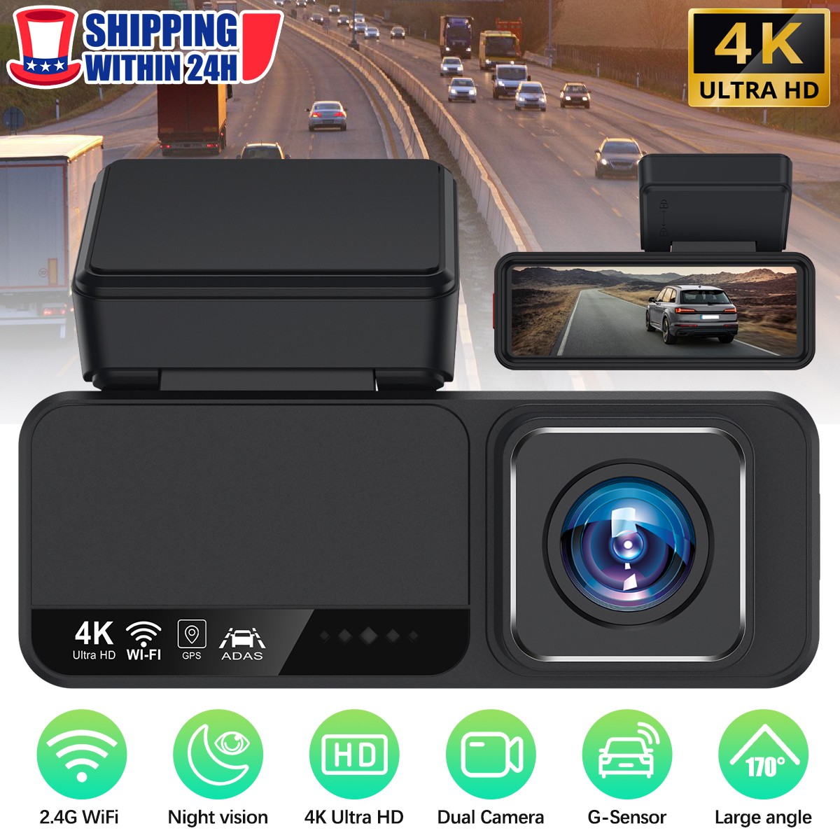 Dash Camera 4K Front Rear Dash Cam Built-In WiFi & GPS App control Night Vision
