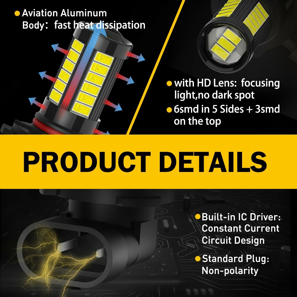 2pcs 9006 HB4 LED Fog Driving Light Bulb Xenon White 6000K High Power DRL Lamp