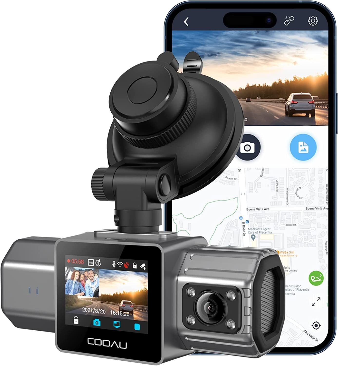 COOAU 2.5K Dual Dash Cam, Built-in GPS WiFi Front and Inside Dash Camera for Car