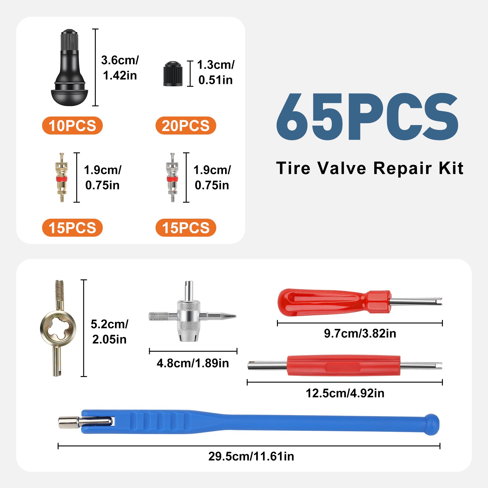 65pcs Car Tire Valve Stem Installation Repair Tool w/ Puller Wrench Core Remover