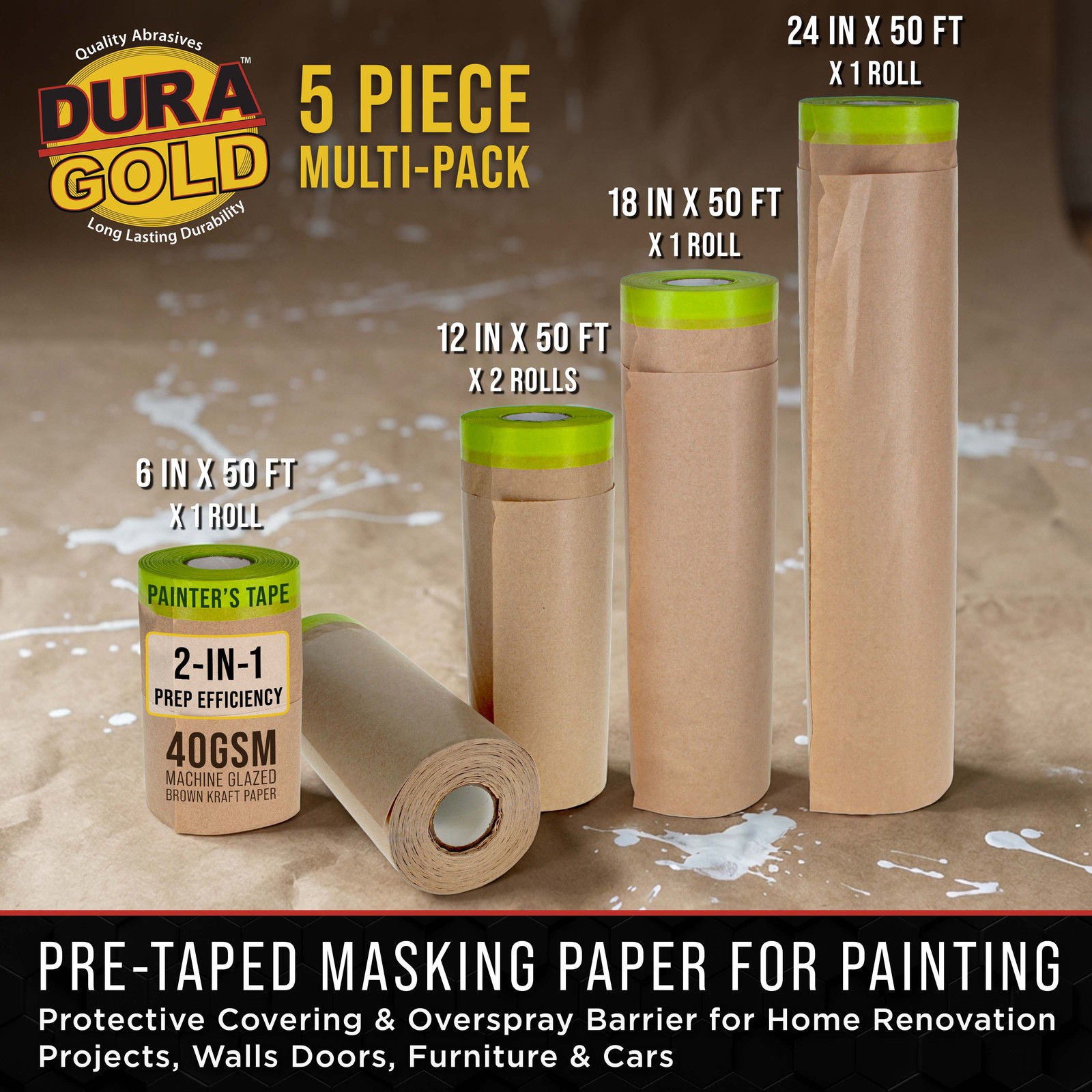 Dura-Gold Pre-Taped Masking Paper Variety Pack 6 12 18 24 x 50′ Painter Paper