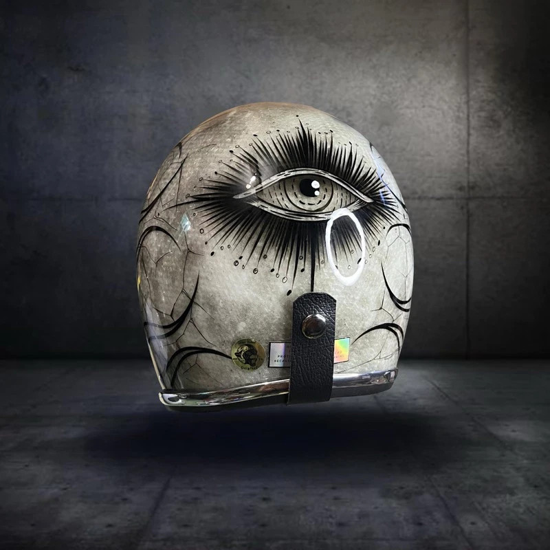 Slimhead 500TX Retro Open Face Motorcycle Helmet, Patina Eye Flame Custom Design