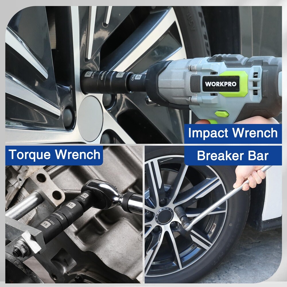 WORKPRO 5PC 1/2″ Dr Impact Socket Set Lug Nut Wheel 3″ Extension Bar Flip Socket