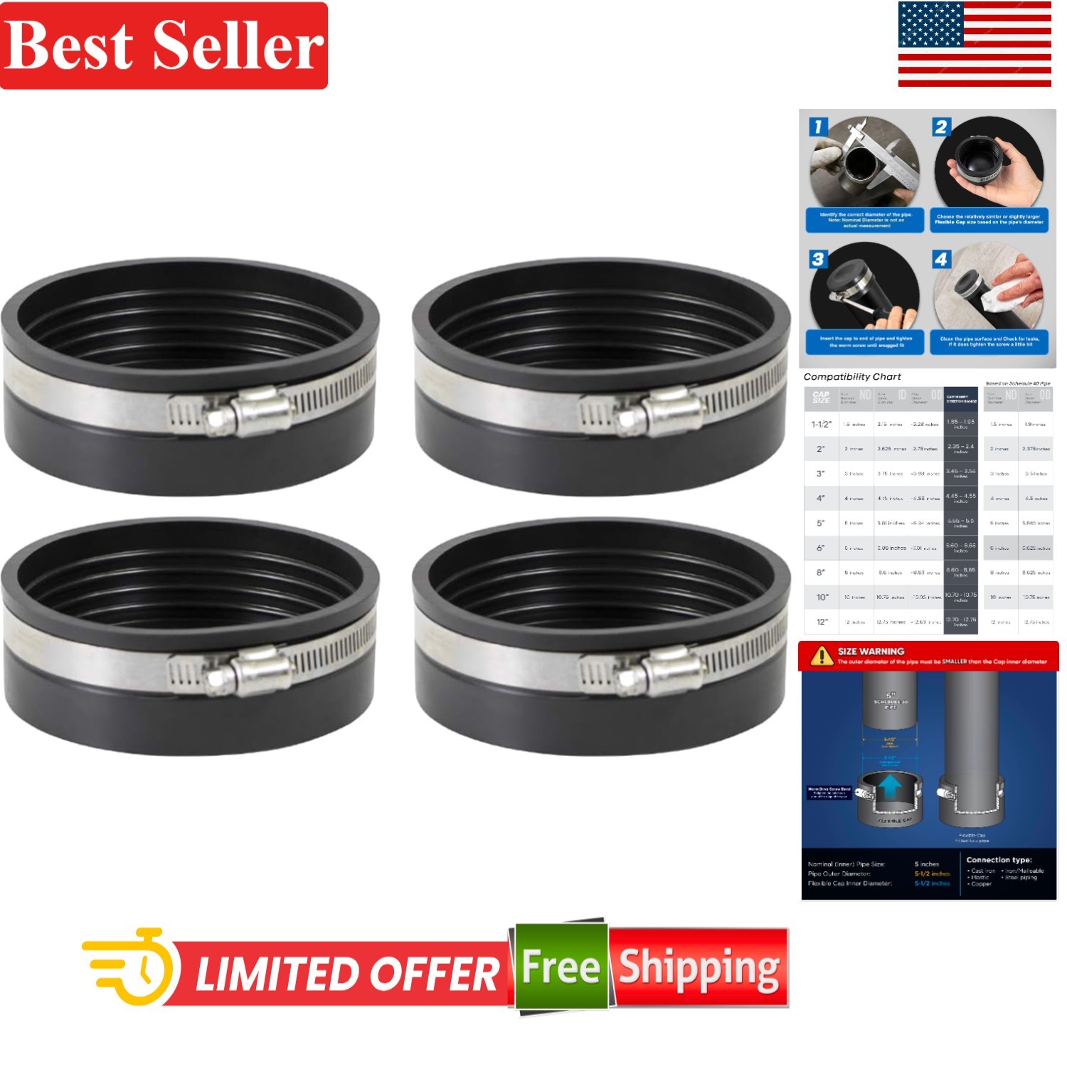 4 Pack 5 Inch PVC Pipe Caps Compatible With Cast Iron Copper Plastic Steel