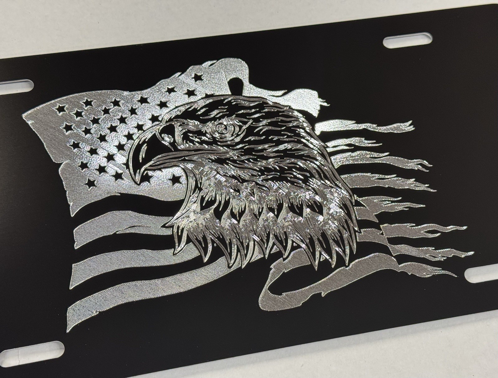 DEEP Engraved US USA Flag Eagle Patriotic Car Tag Etched Vanity License Plate