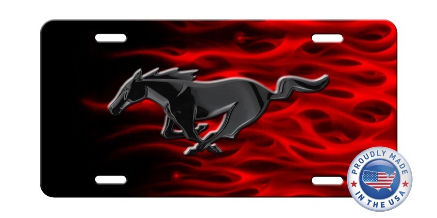 MUSTANG Inspired art on Black and Red Flames aluminum license plate Tag