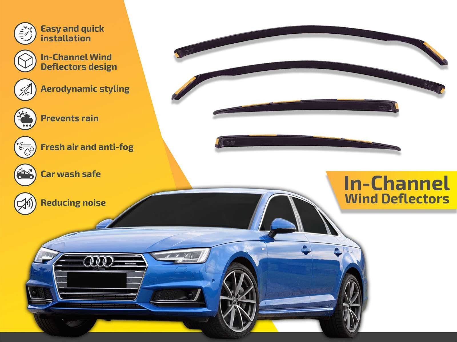 Wind Deflectors In Channel For Audi A4 B9 2017-2023 4D Sedan Visors Rain Guard