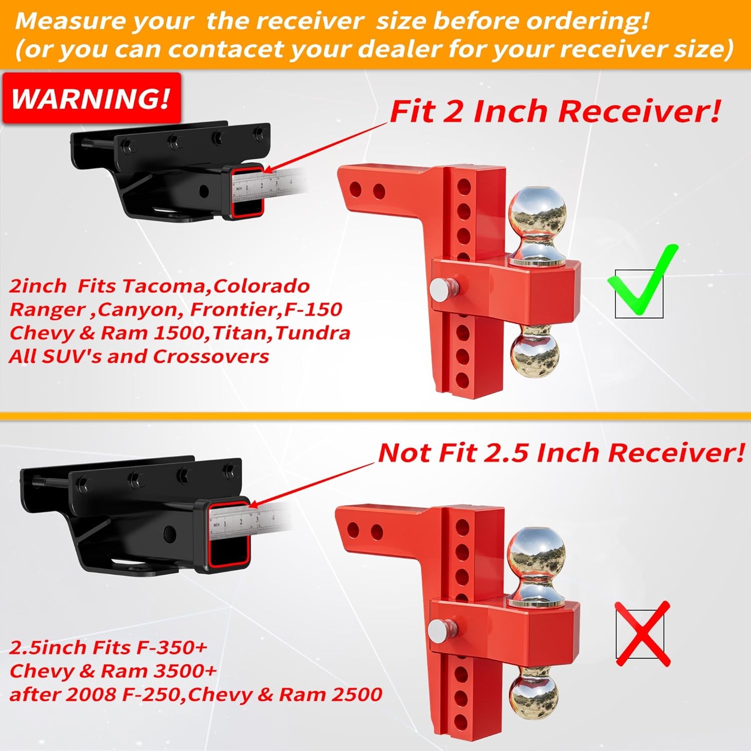 LACOME 2″ Receiver 8″ Drop Adjustable Trailer Hitch Tow Hitch Dual Ball 12500 lb