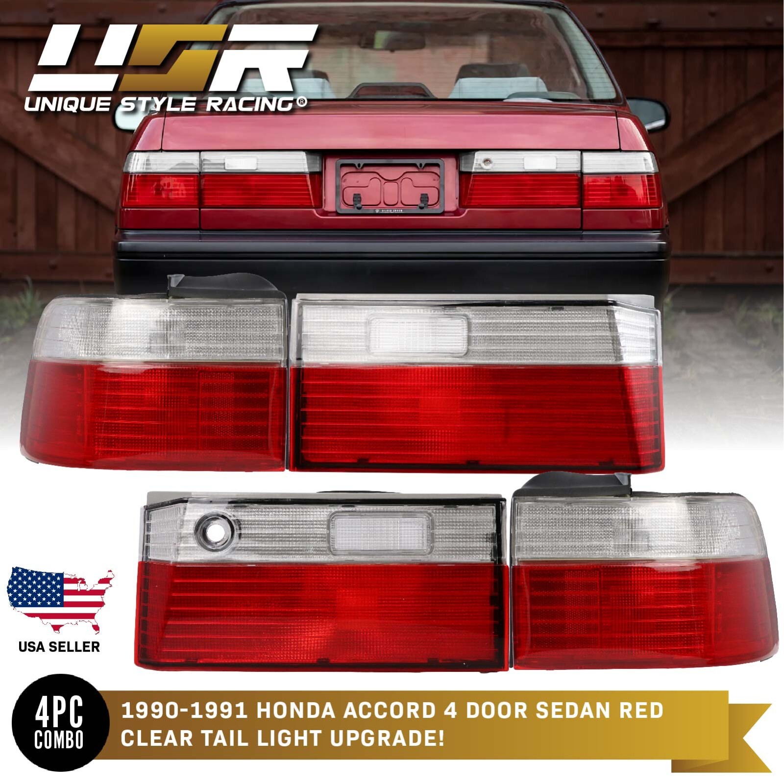 RARE! JDM Style RED / CLEAR Rear 4PCS Tail Light For 1990-1991 Honda Accord 4D