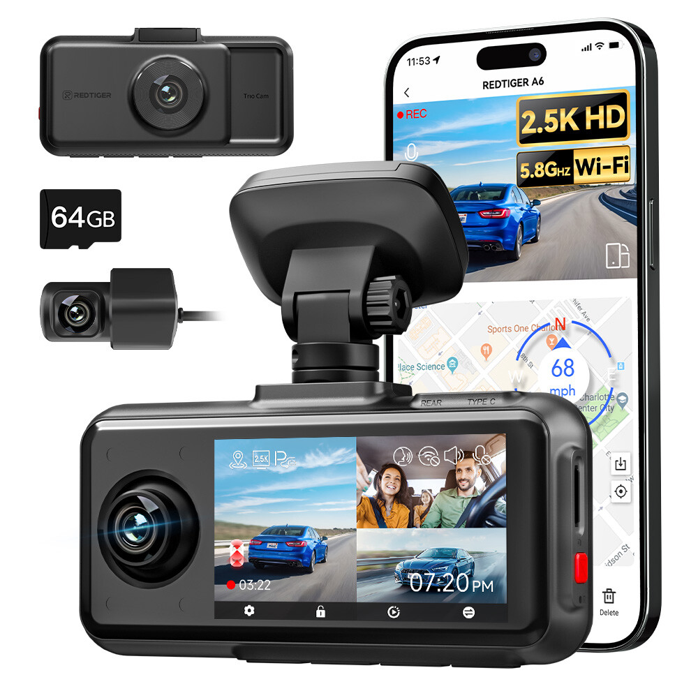 REDTIGER A6 3 Channel Dash Cam, 2.5K+1080P+1080P, 5.8GHz WiFi,3″ Touch Screen