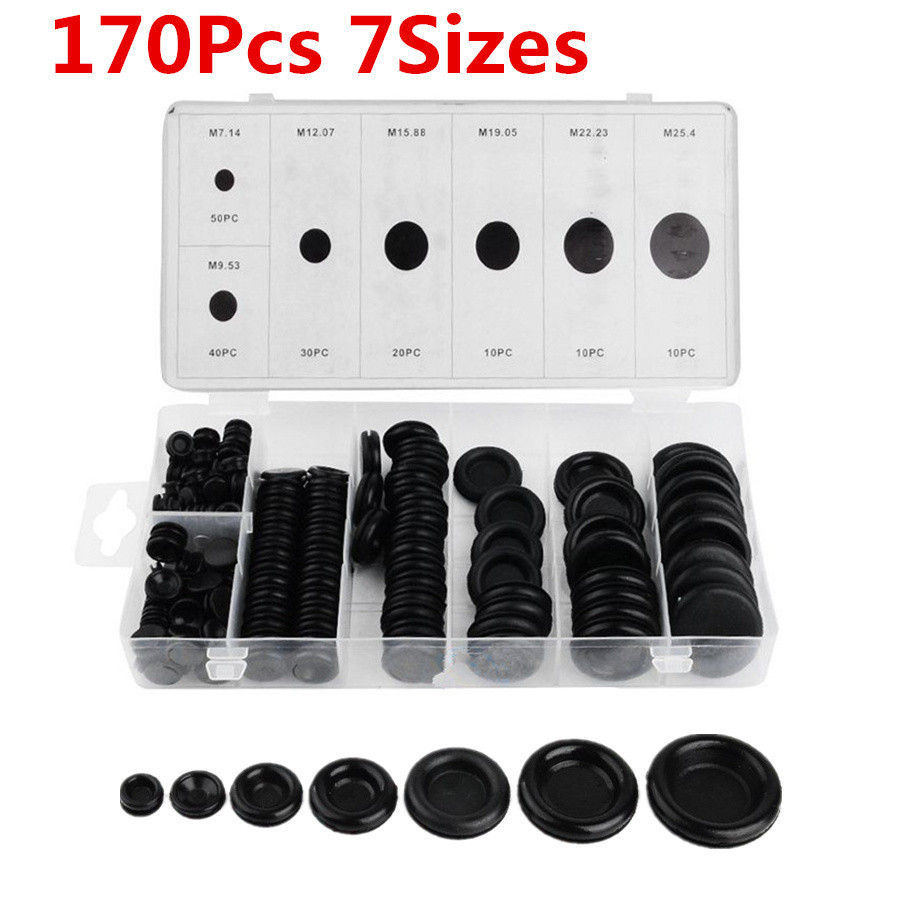 170Pcs 7 Sizes Mixed Auto Car Black Rubber Grommet Seals Firewall Hole Plug Set