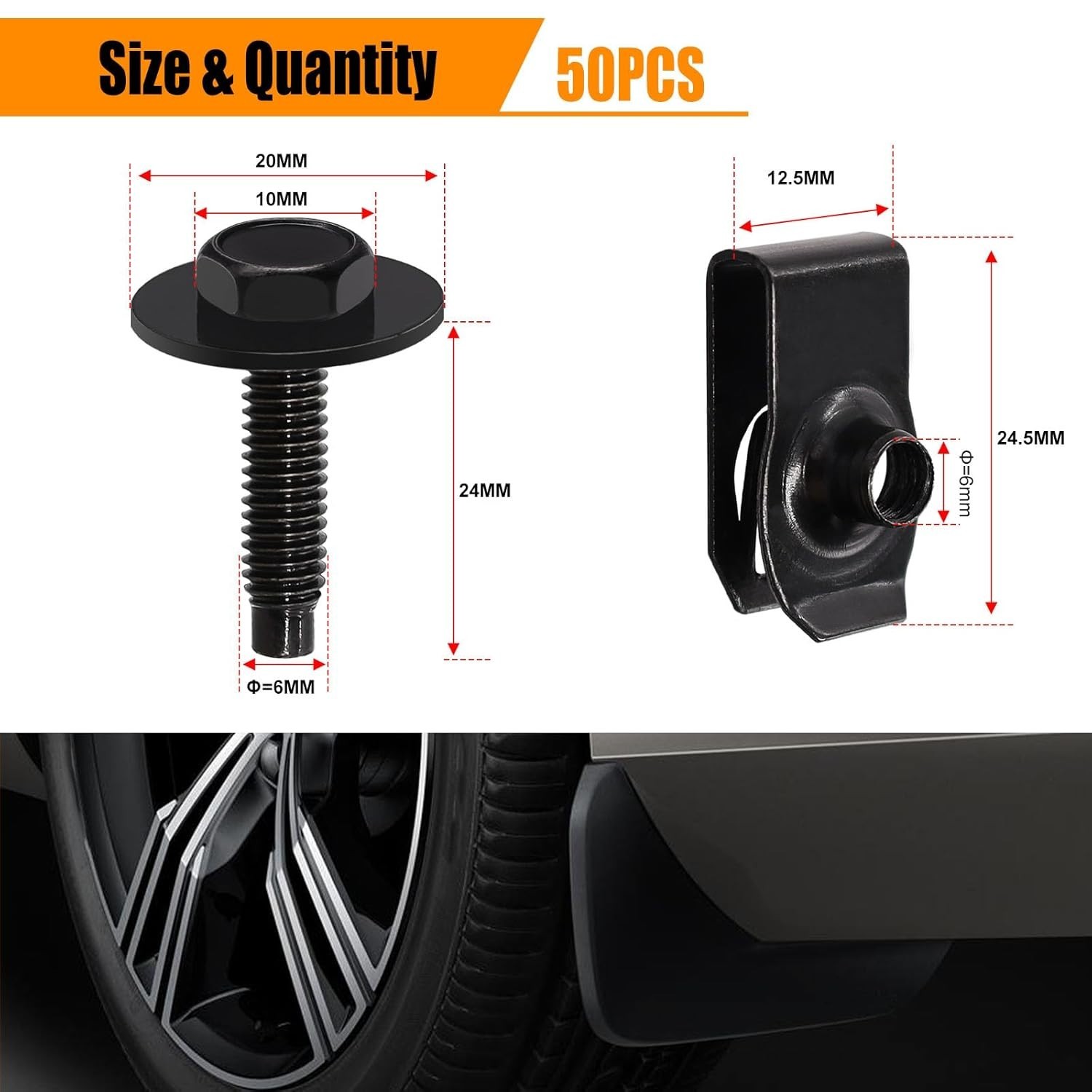 50PCS M6-1.0 Universal Fender Liner Screw U Nut Kit,Engine Splash Shield Hex …