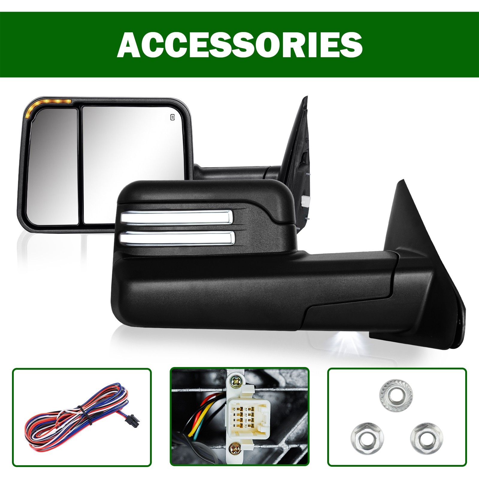 DRL Tow Mirrors for 2002-2008 Dodge Ram 1500 2500 3500 Flip-Up Smoke Switchback