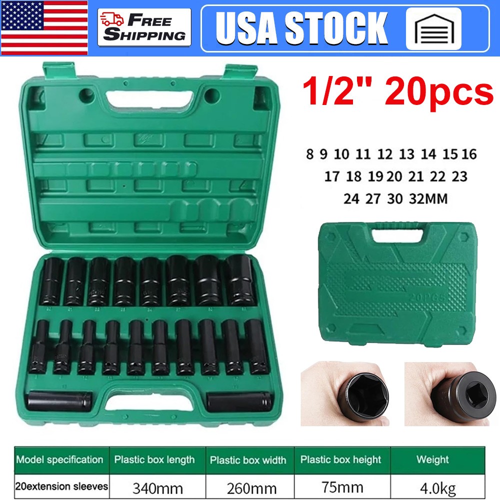 20PCS 1/2 Inch Impact Sockets Set Drive Metric 8mm-32mm Deep 6-Point Set w/ Case