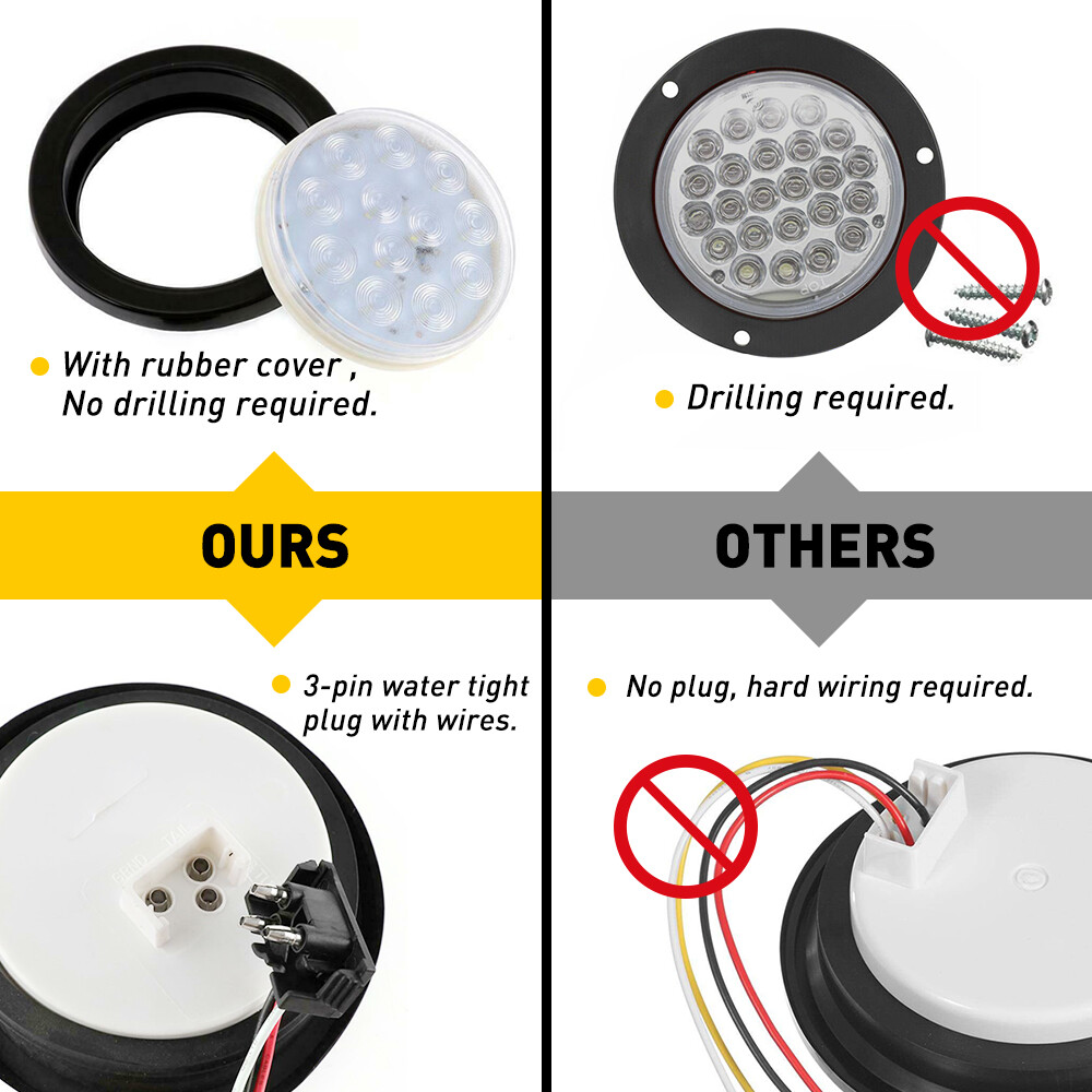 2pcs 4 Inch Round 24 LED Reverse Backup Tail Lights Trailer Truck Clear Lens 12V