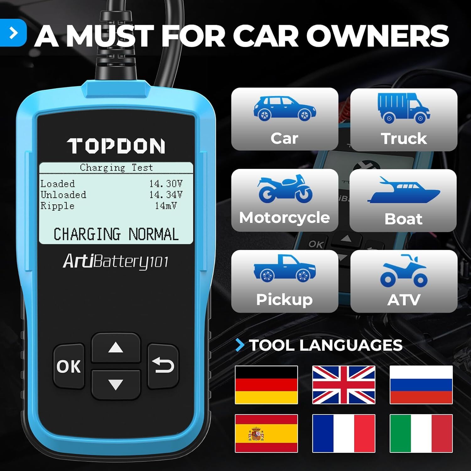 TOPDON 12V Car Battery Tester Cranking Charging Battery Analyzer 100-2000CCA