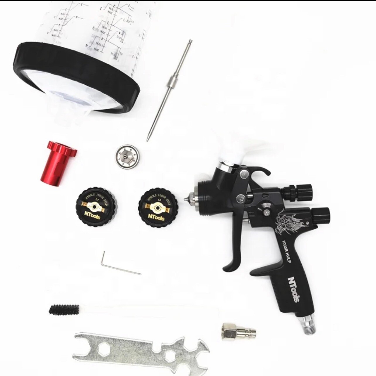 Spray Paint Gun 1000B with 2 In 1 1.3mm / 1.7 Nozzle Cars Painting Tools Black