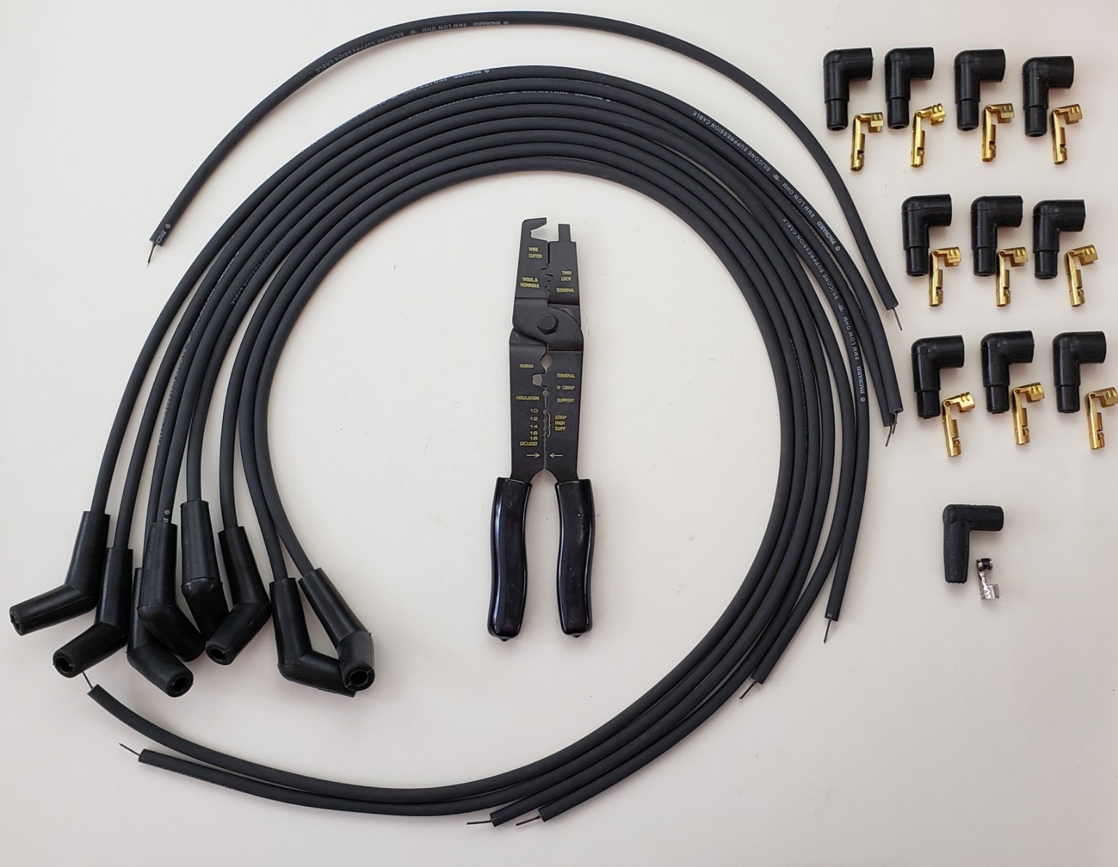 CHEVY FORD BLACK UNIVERSAL Spark Plug Wires 45/135 degee Boot-POINTS-CRIMP TOOL