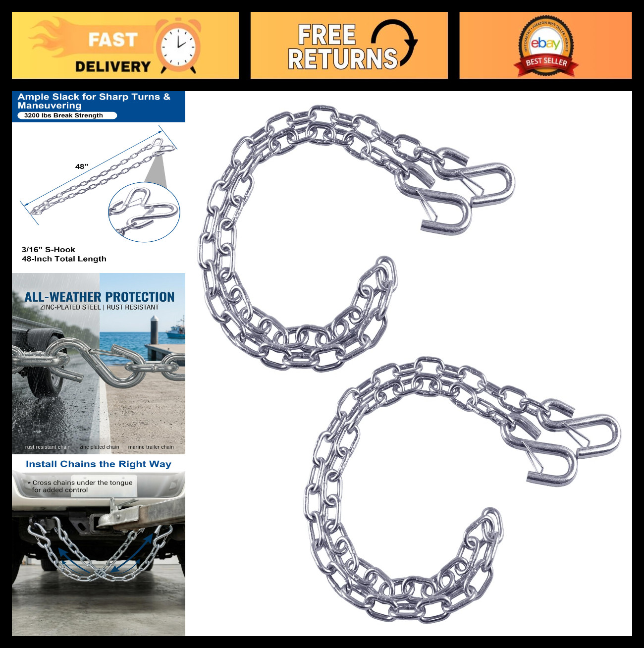 2 PCS Heavy Duty 3/16″ x 48″ Trailer Safety Chains, Zinc-Plated Steel, 3200 lbs