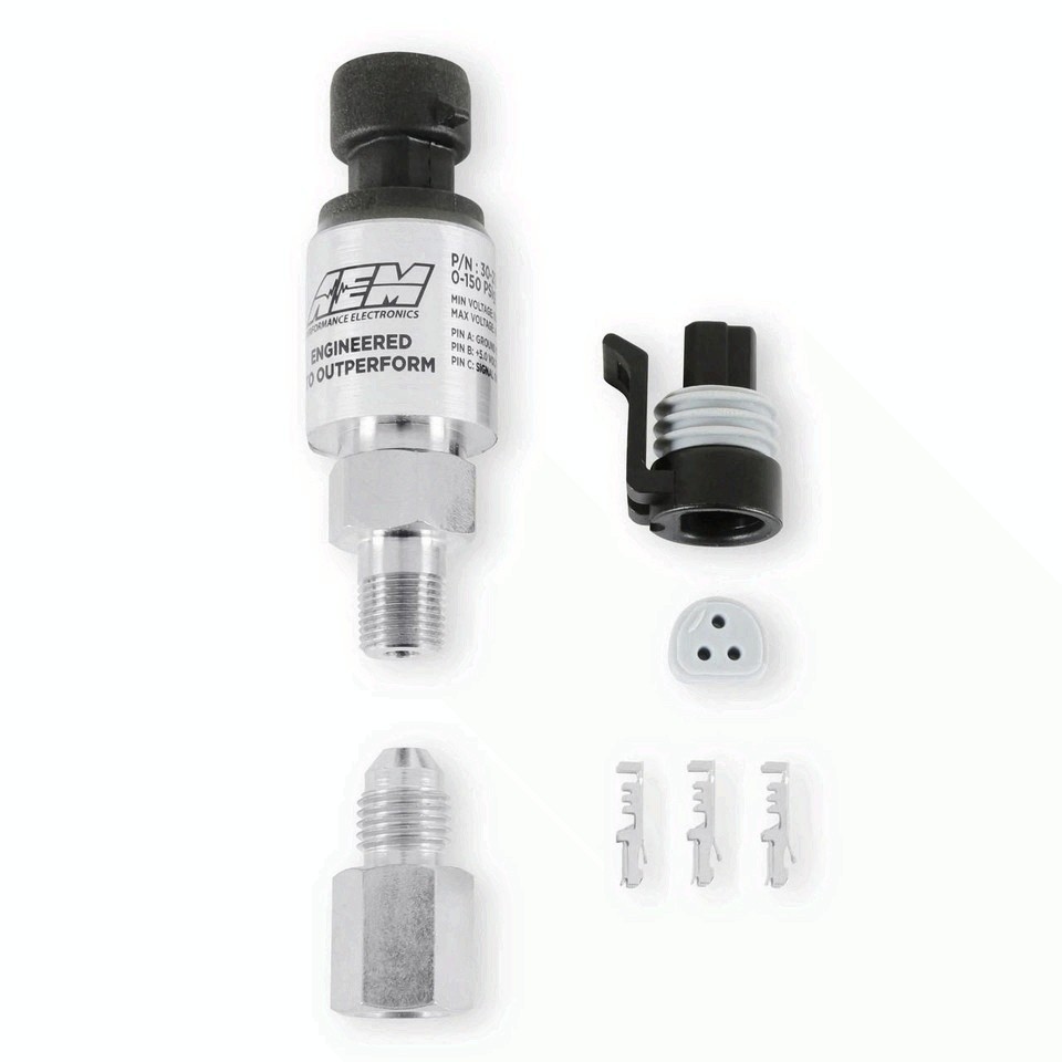 AEM 30-2130-150 Stainless Oil Fuel Pressure Sensor Kit 150 PSI 1/8 NPT