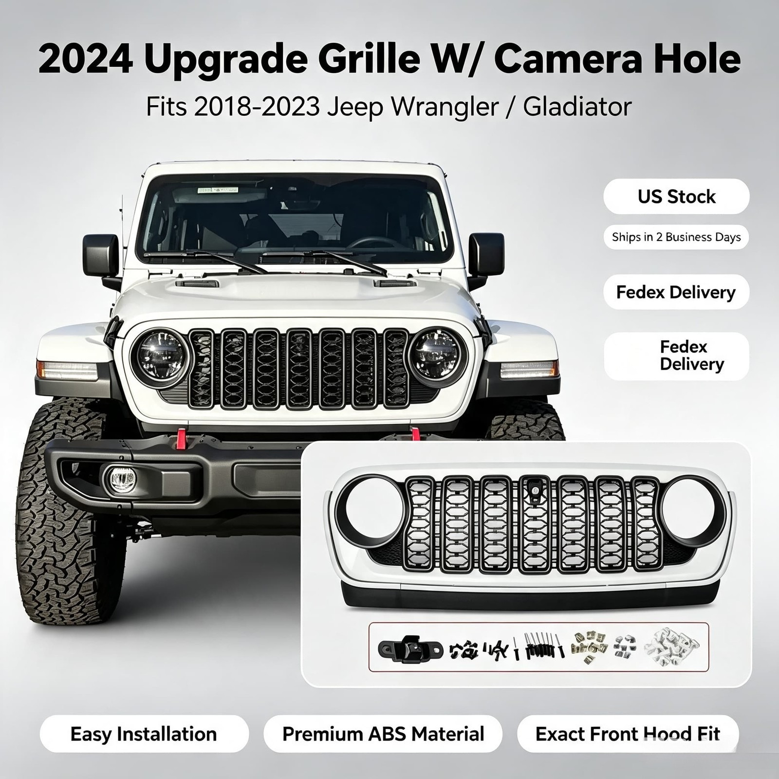 For 2018-2023 Jeep Wrangler JL 2024 Upgrade Grille W/ Camera Hole Bright White