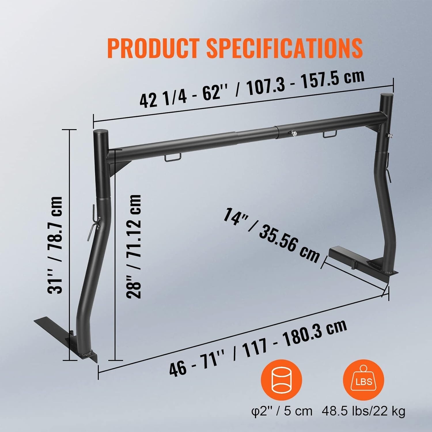 800 lbs Truck Ladder Rack – Extendable Width 46-71 inch, No-Drill Installation