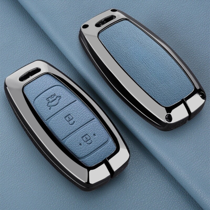 Zinc Alloy Leather Car Remote Key Fob Case Cover For Hyundai Palisade Elantra GT
