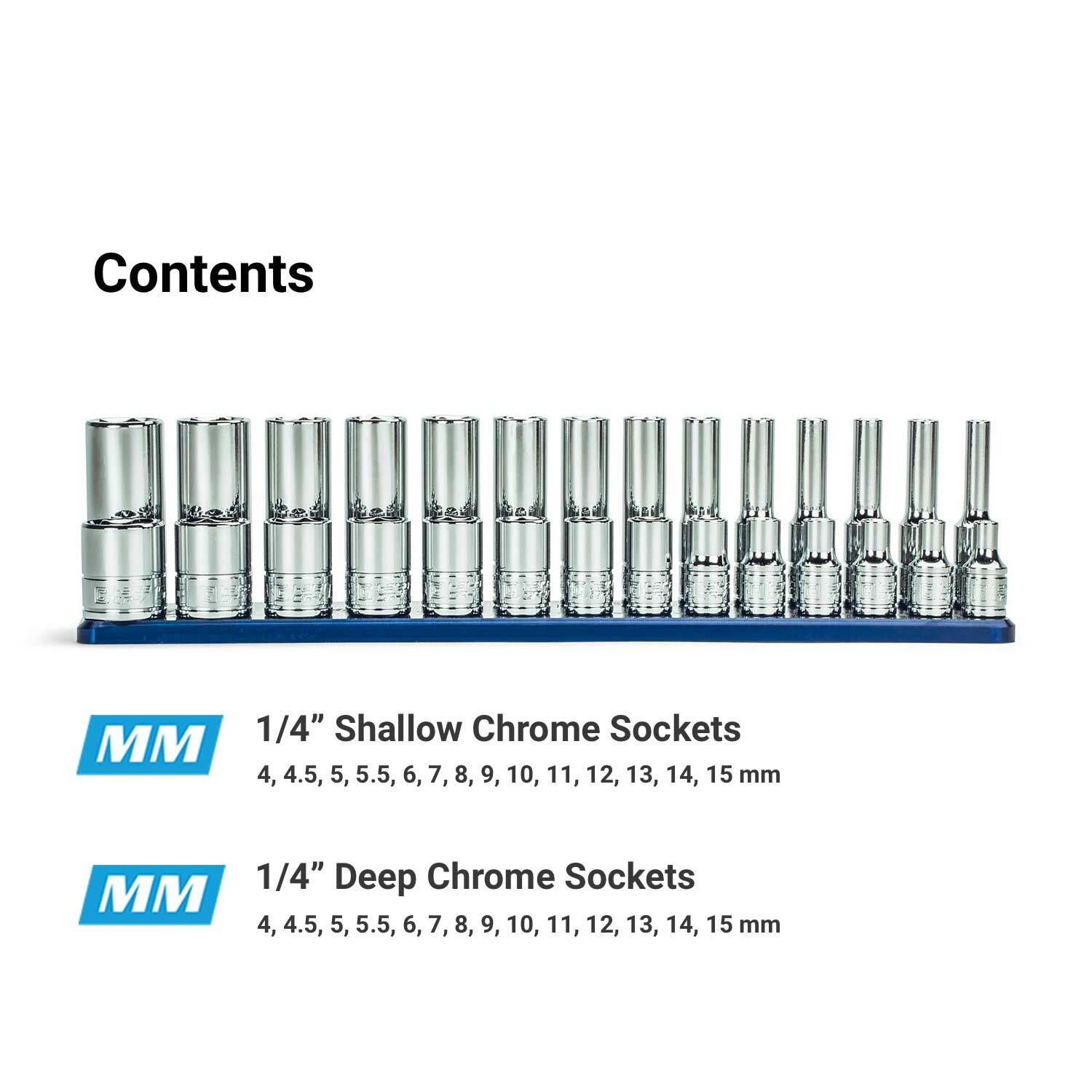 Capri Tools 1/4 in. Drive Shallow/Deep 6-Point Socket Set w/ Rail, Metric, 28-Pc