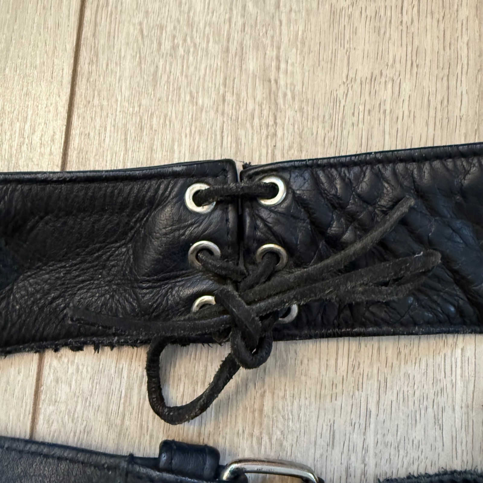 Black Leather Motorcycle Chaps With Adjustable Waist & Snap Closure