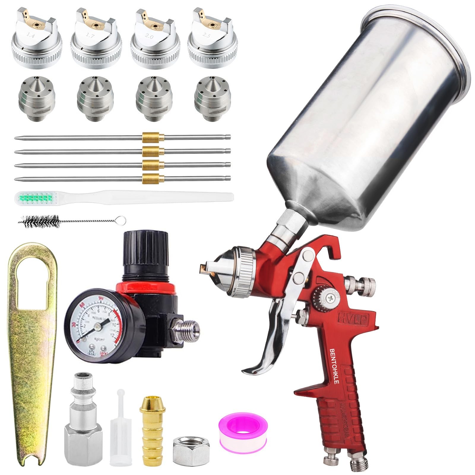 BENTOHKLE HVLP Gravity Feed Spray Gun with 4 Nozzles 1.4/1.7/2.0/2.5mm Red