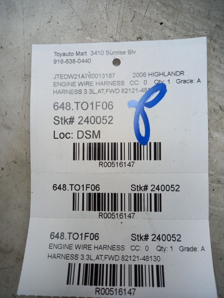 06 TOYOTA HIGHLANDR 3.3L ENGINE WIRE HARNESS AUTOMATIC TRANSMISSION 82121-48130