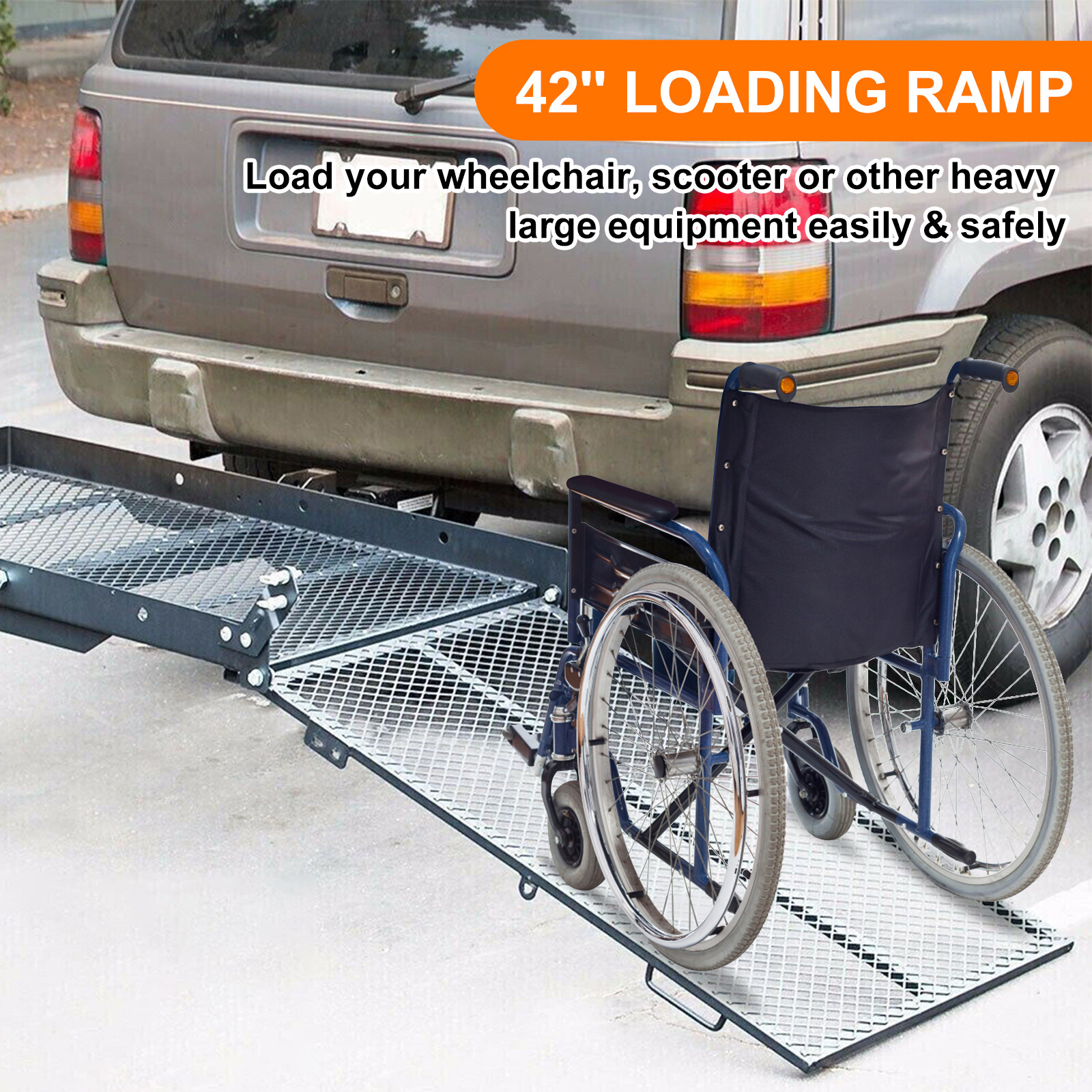 Folding Wheelchair Carrier Rack with Ramp Hitch Mount Steel Cargo Carrier Basket