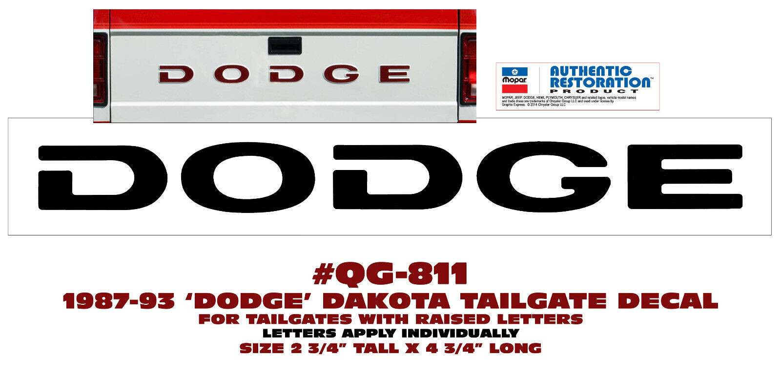 QG-811 1987 1988 1989 1990 1991 1992 1993 DODGE DAKOTA – TAILGATE DECAL