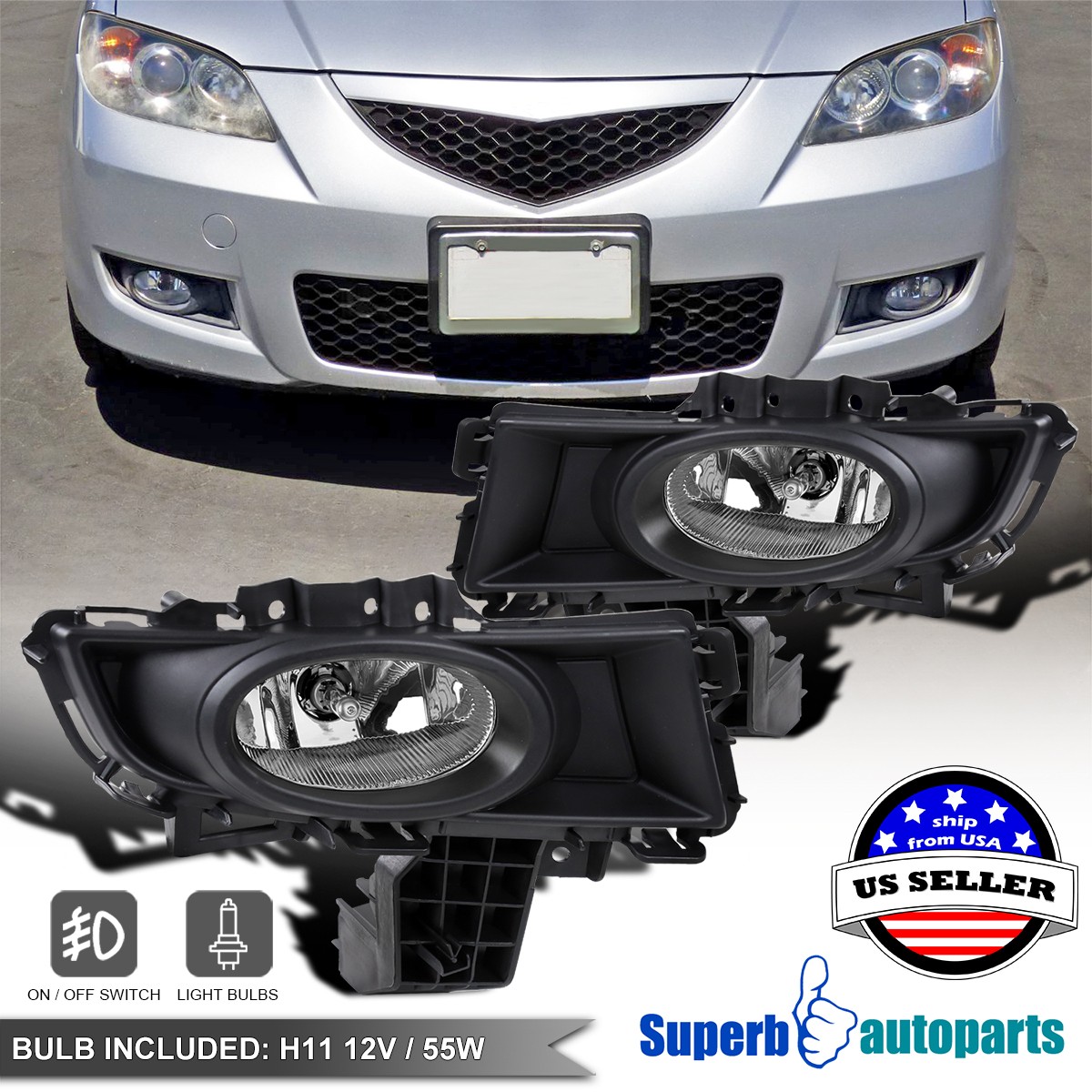 Fits 2007-2009 Mazda 3 Bumper Fog Light Sedan H11 Bulb w/ Wires Switch 07-09