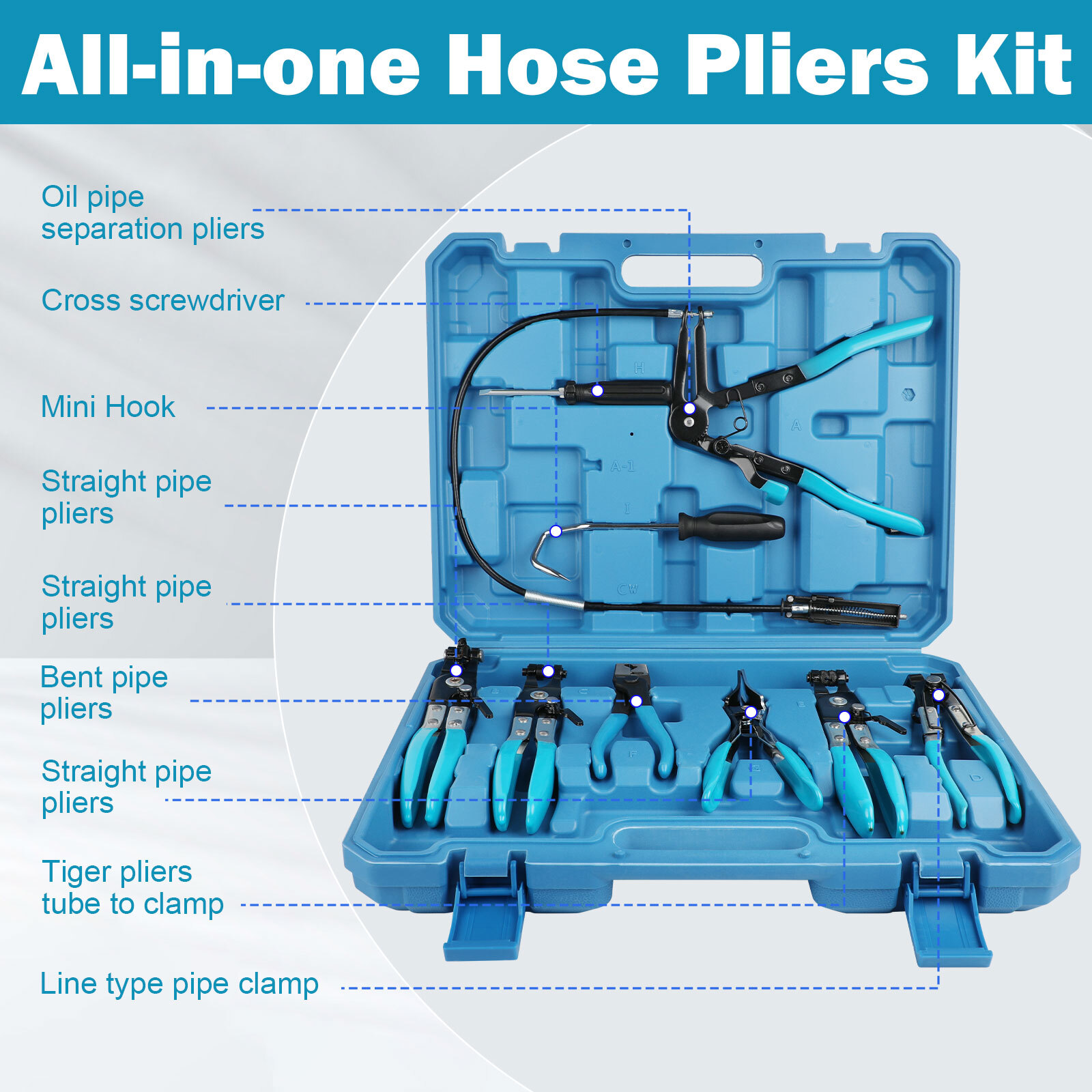 Flexible Automotive Hose Clamp Clip Plier Tool Set Swivel Jaw Flat Angled Band