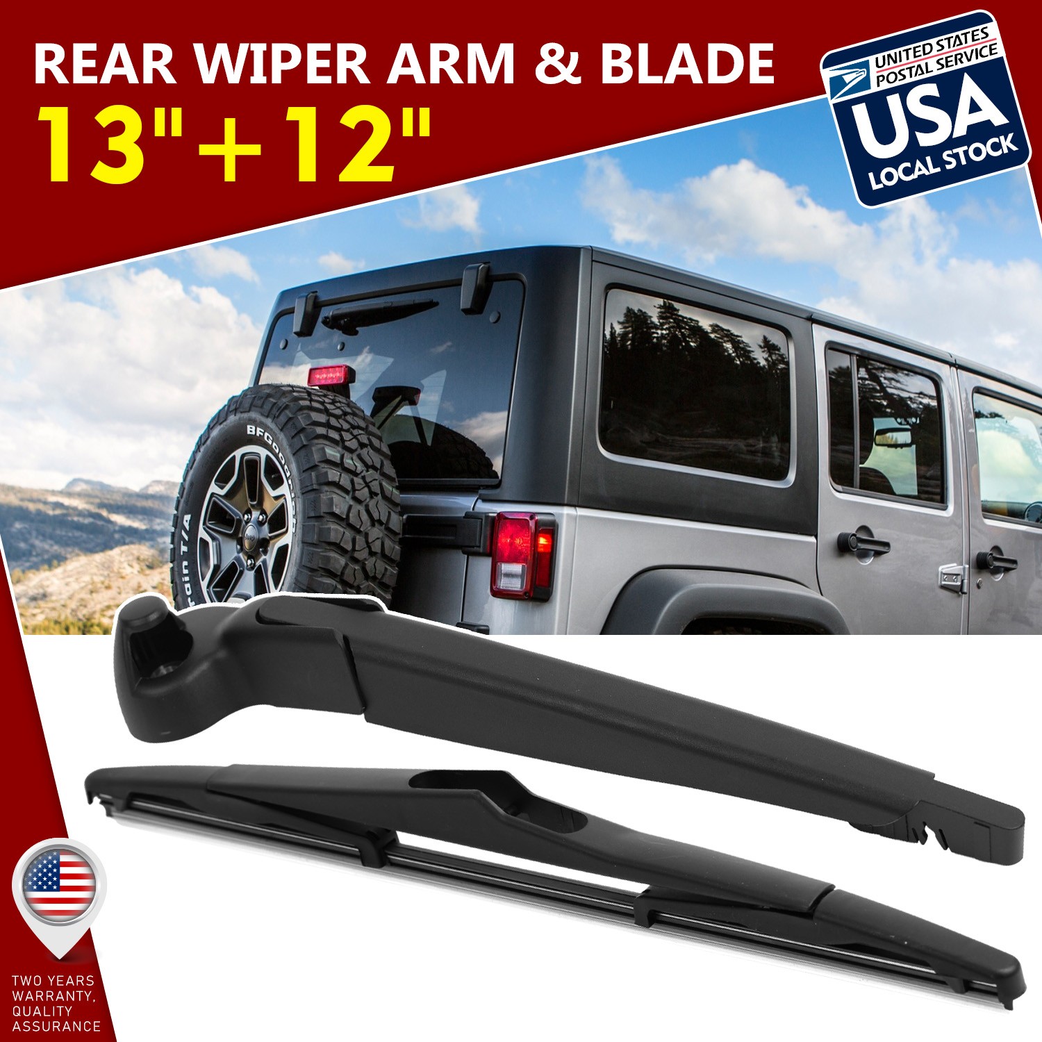 Rear Window 12”+13” Wiper Arm Blade All Seasons For Jeep Wrangler 2007-2017