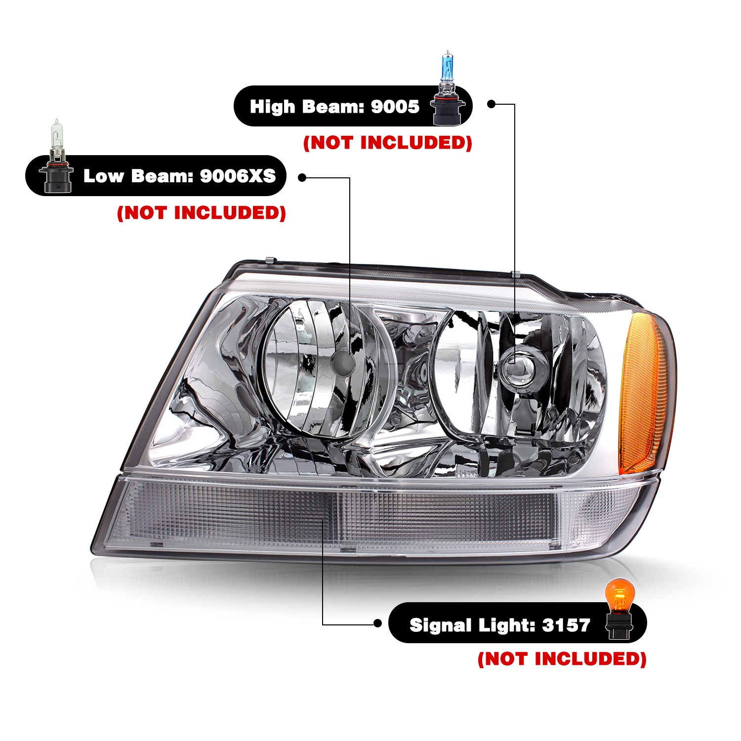 For 1999-2004 Jeep Grand Cherokee Driver+Passenger Chrome Halogen Headlights