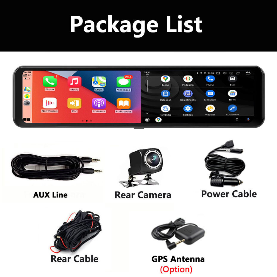 Wireless Carplay Android Auto Car Rearview Mirror Dash Camera Front 4K Dual Cam