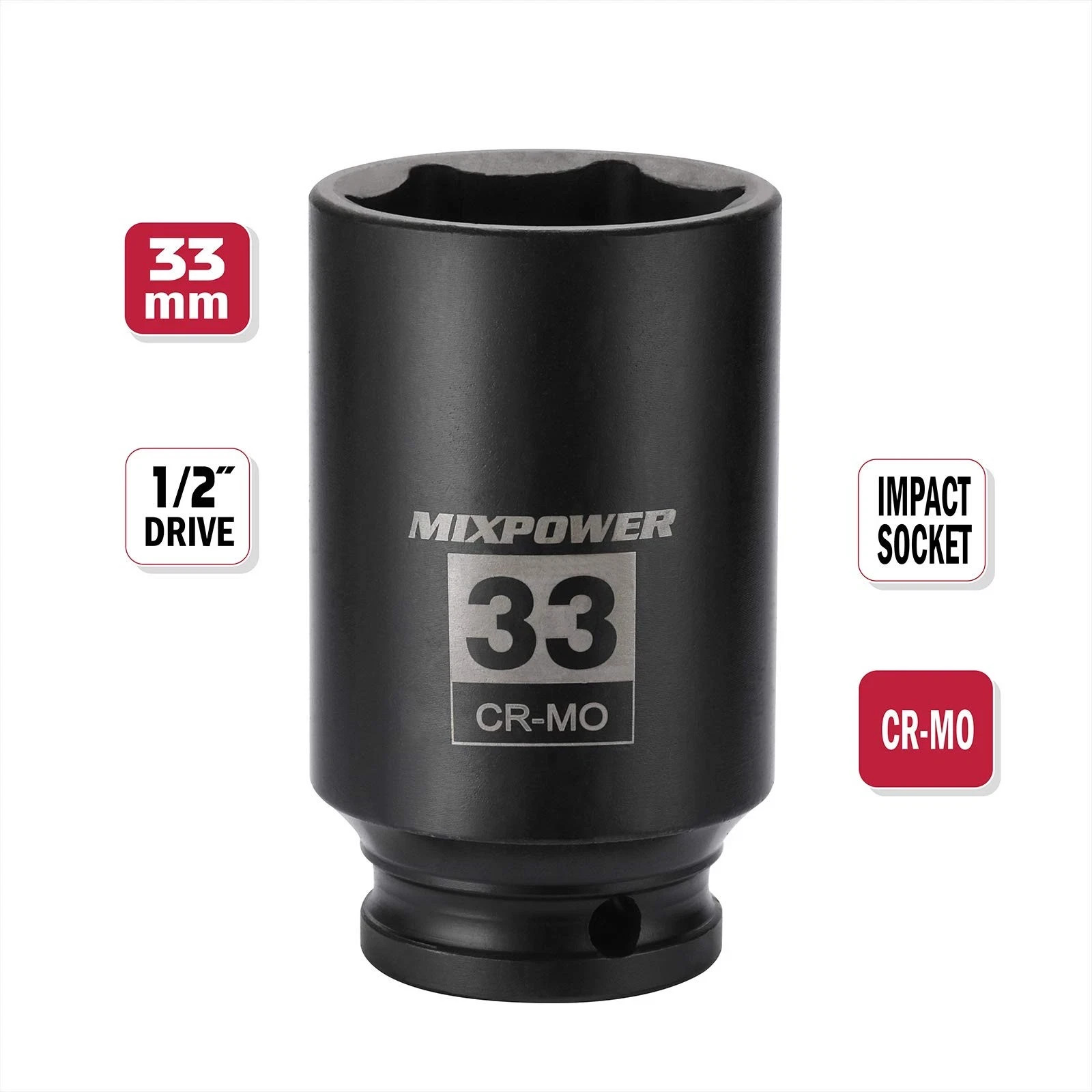 MIXPOWER 1/2″ Drive Deep Impact Socket, CR-MO, 33 mm, METRIC, 6 Point, 33mm