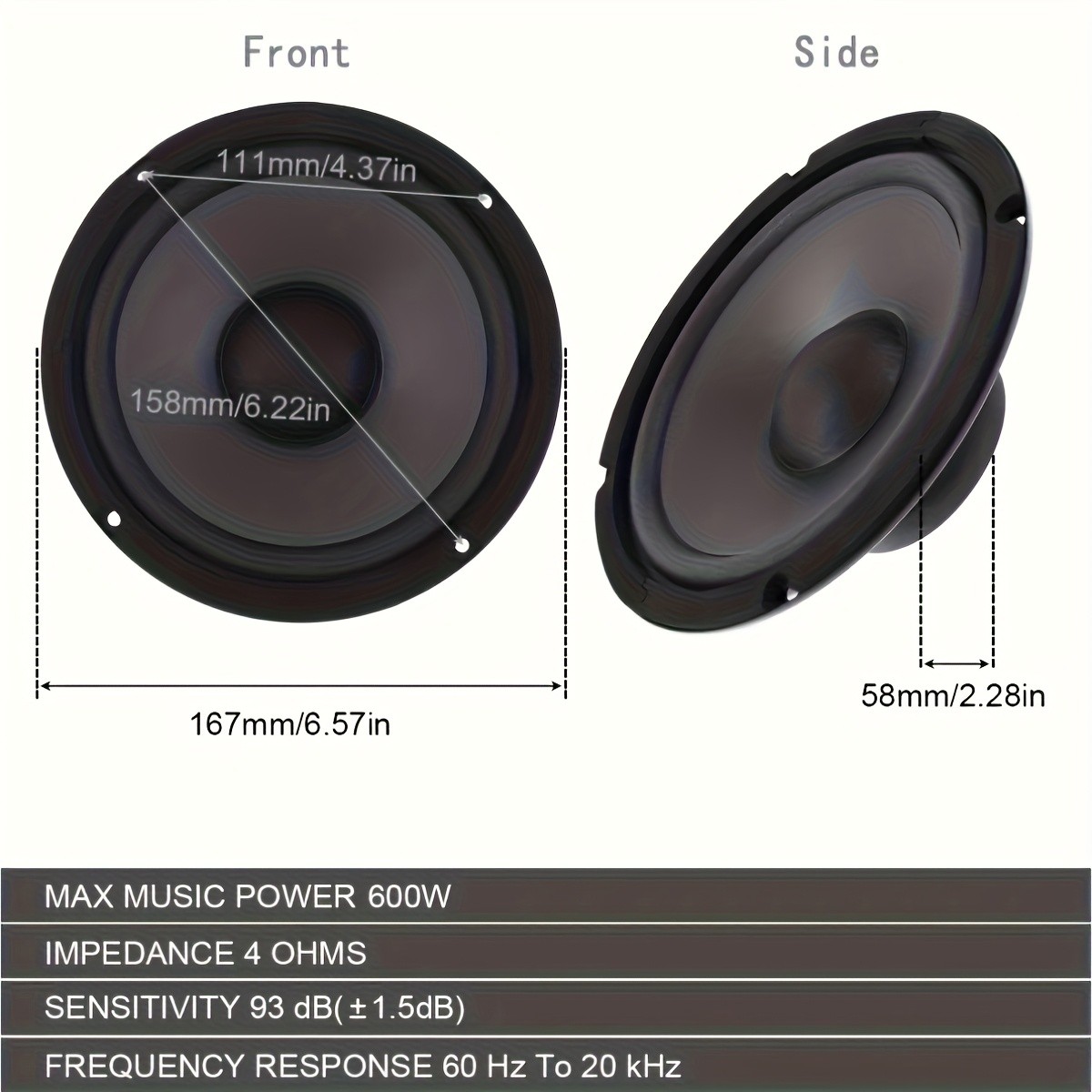 6.5” 2-Way Car Coaxial Audio Speakers Door Loudspeakers HiFi Stereo 50W RMS 4Ω
