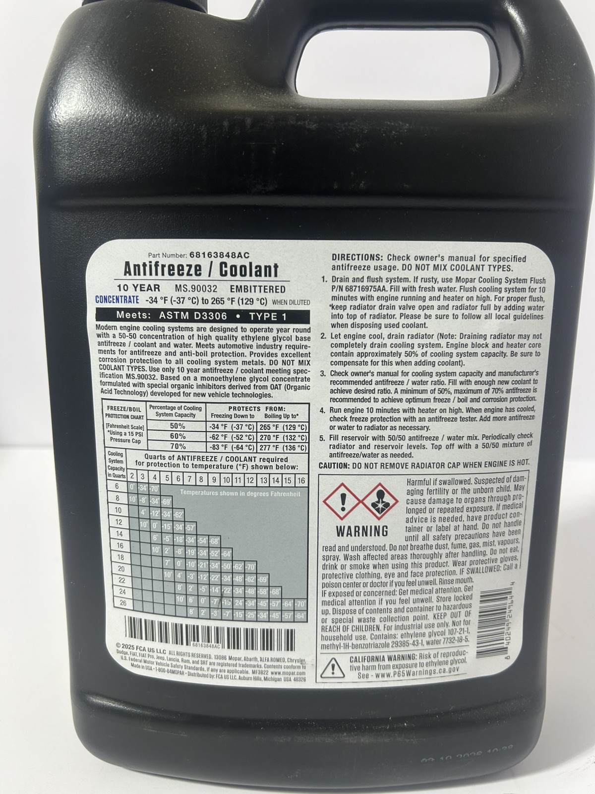 Genuine Mopar Antifreeze Coolant Concentrate 10 Year 150,000 Mile 68163848AB