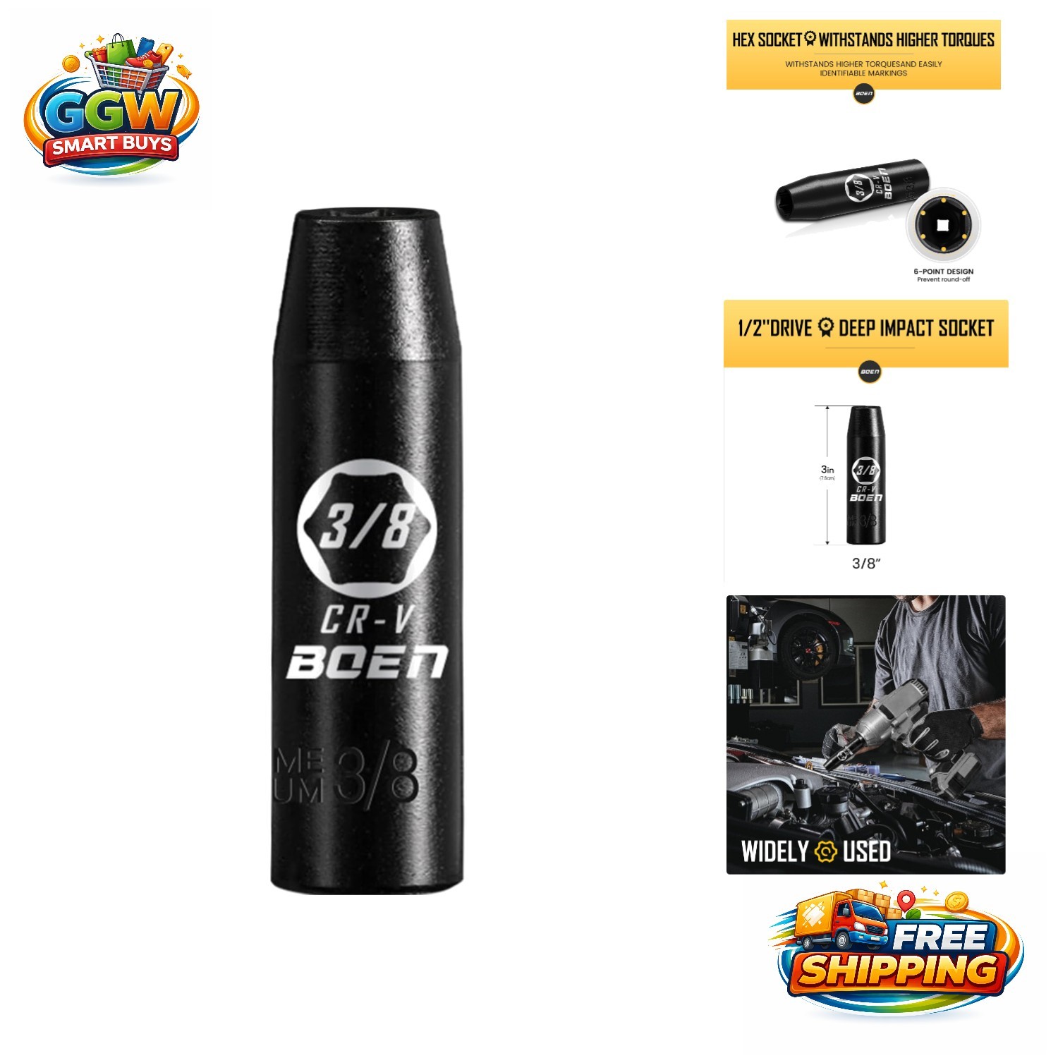 1/2″ Drive Deep Cr-V Impact Socket – 3/8″ with Manganese Phosphate Coating