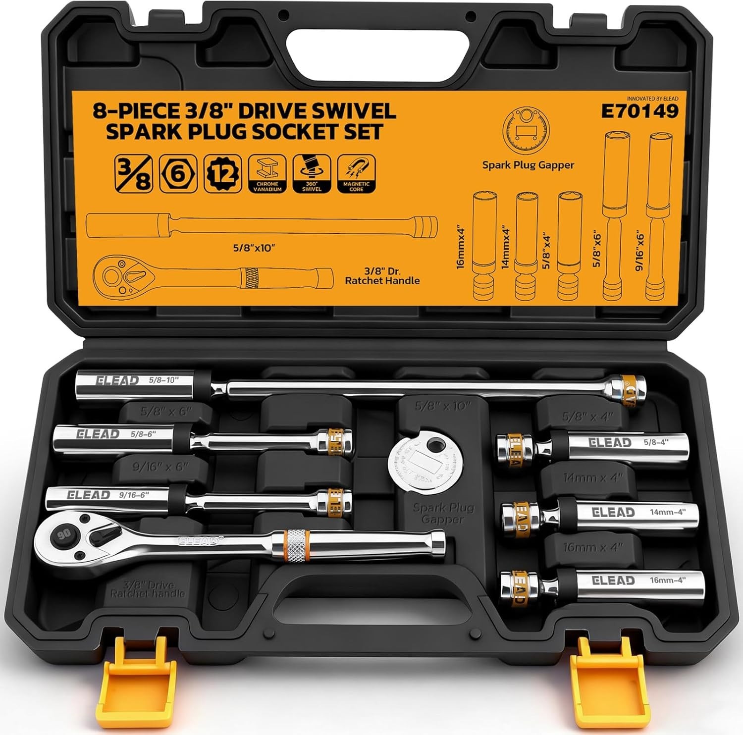 ELEAD 8-Piece 3/8″ Drive Magnetic Swivel Spark Plug Socket Set, 5/8″, 9/16″, 14