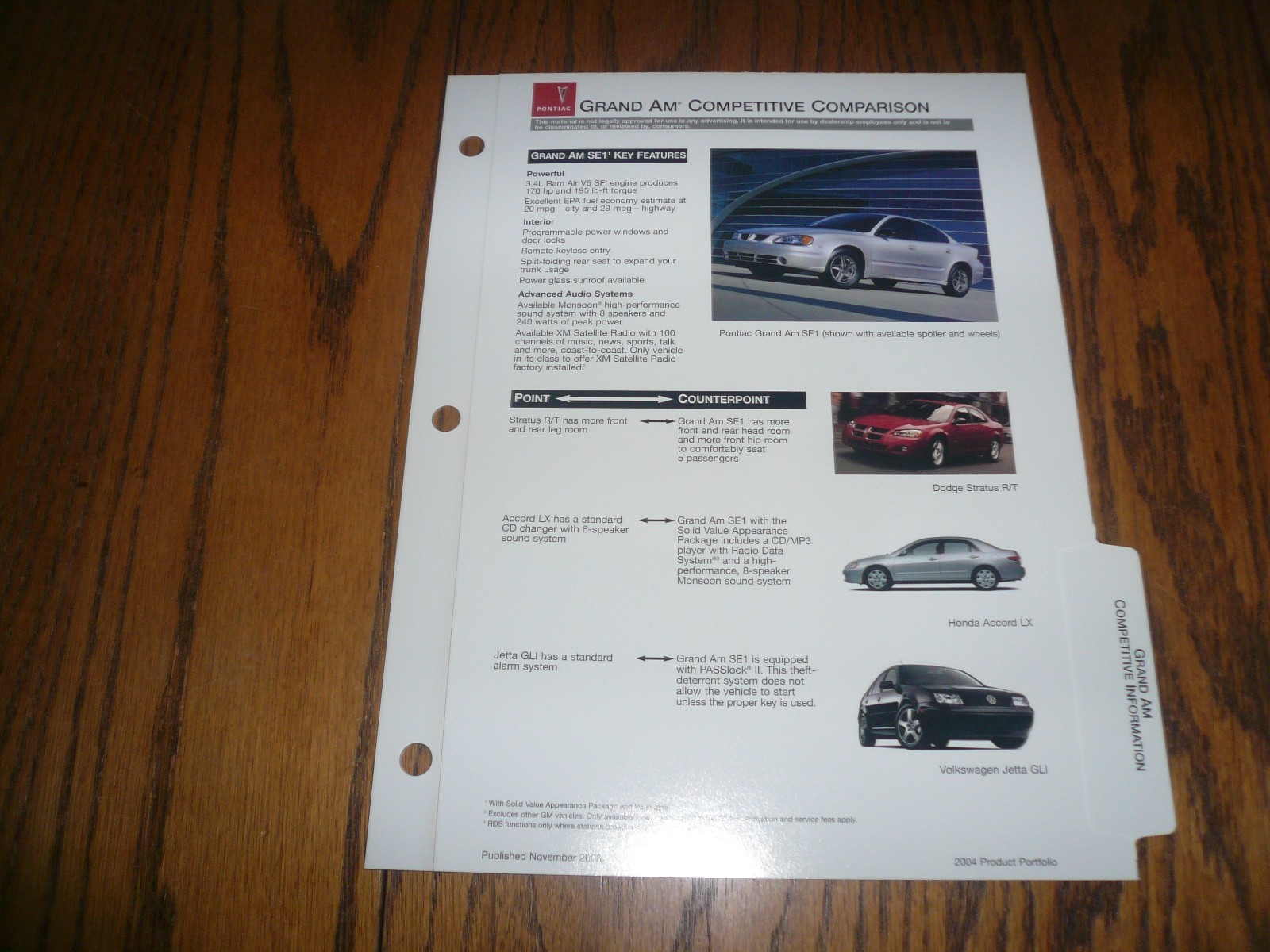 2004 Pontiac Grand AM Competitive Comparison – Dealer Only item – Vintage