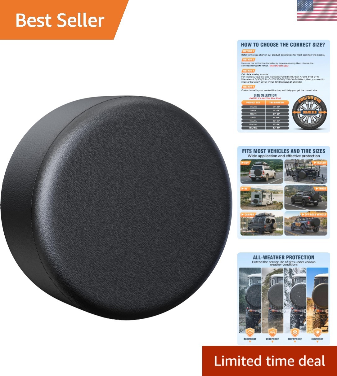 Black Faux Leather Spare Tire Wheel Cover for Cars & SUVs 27-28 Inch