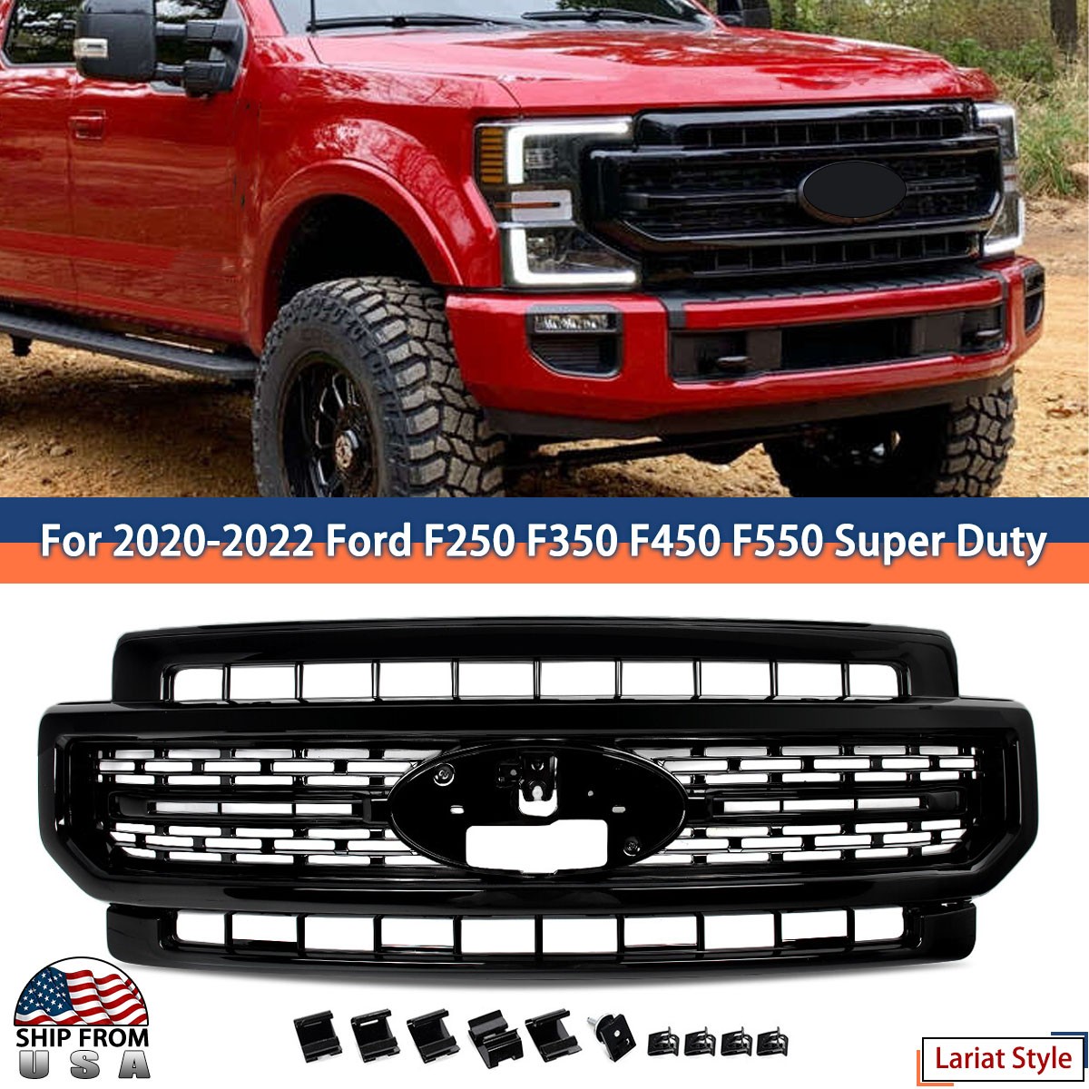 Gloss Black Front Bumper Grille Assembly For 2020-2022 F-250 F-350 Super Duty